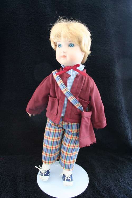 PORCELAIN BOY/GIRL  DOLL--FULLY DRESSED WITH STAND