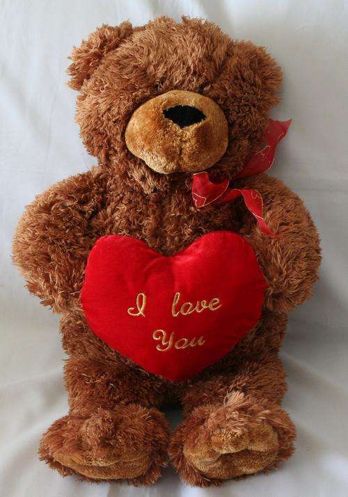 LARGE CUDDLY BROWN BEAR -- HOLDING A RED VELVET HEART -- STANDS 60cm HIGH.