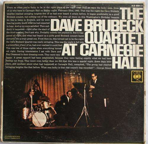 DAVE BRUBECK QUARTET -- AT CARNEGIE HALL -- DOUBLE VINYL LP RECORD
