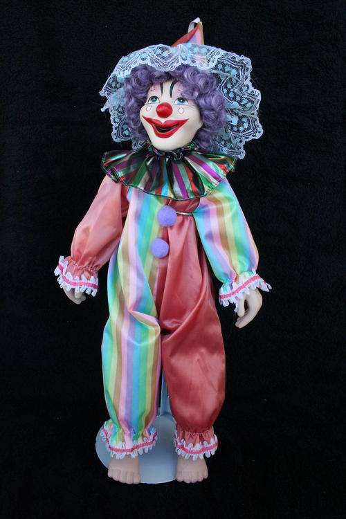 PORCELAIN CLOWN DOLL--FULLY DRESSED WITH STAND