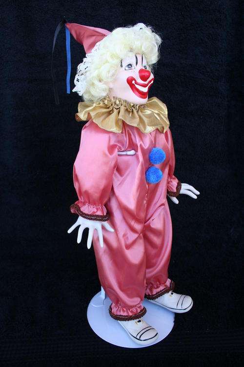 PORCELAIN CLOWN DOLL--FULLY DRESSED WITH STAND
