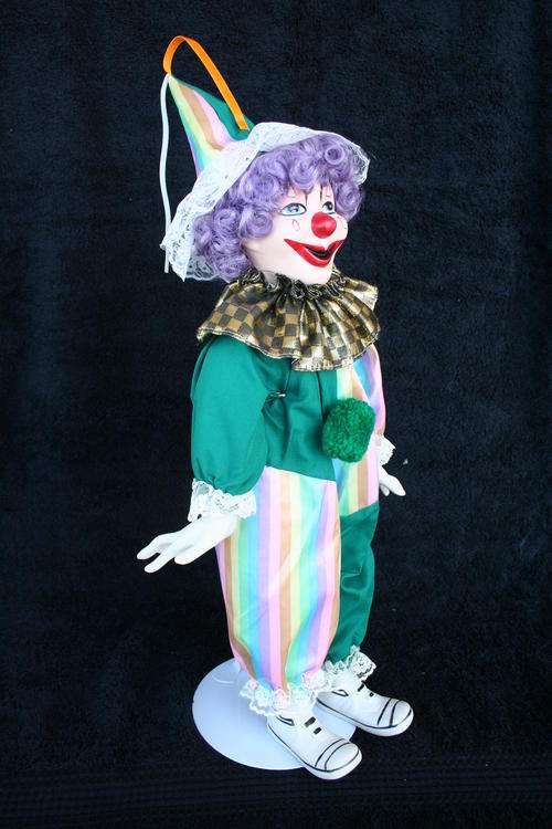 PORCELAIN CLOWN DOLL--FULLY DRESSED WITH STAND