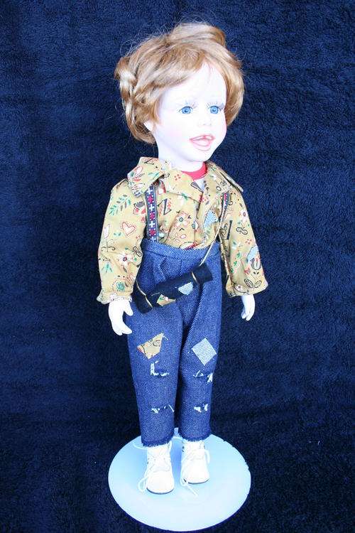 PORCELAIN BOY/GIRL DOLL--FULLY DRESSED WITH STAND
