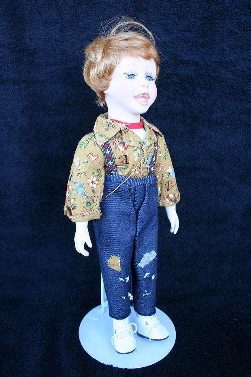 PORCELAIN BOY/GIRL  DOLL--FULLY DRESSED WITH STAND