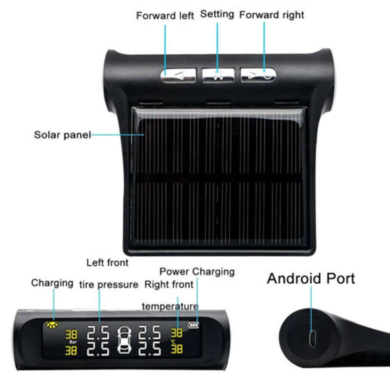 Solar Powered Tire Pressure Monitoring System With 4 External Sensor Displays Suitable For Cars