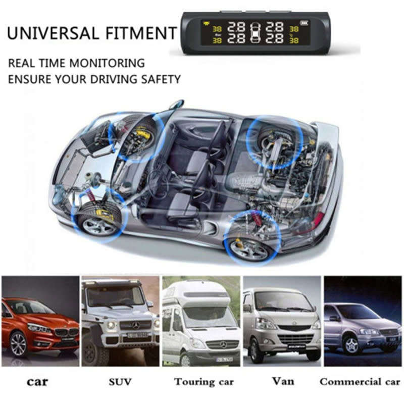 Solar Powered Tire Pressure Monitoring System With 4 External Sensor Displays Suitable For Cars