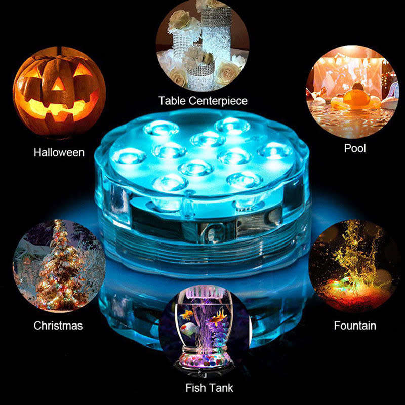 Submersible 10 LED RGB Pool Multi-Purpose Wedding Party Outdoor Aquarium Lighting + Remote Control