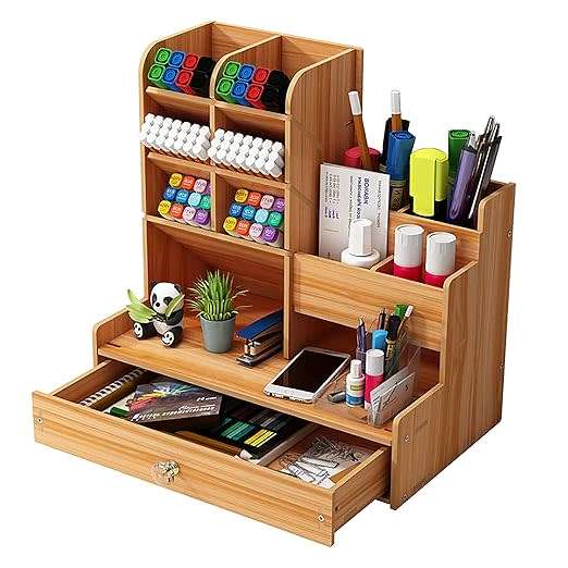 Wooden Desk Storage Box Diy Desktop Organizer Pen Holder Large Capacity Stationery Storage Box With