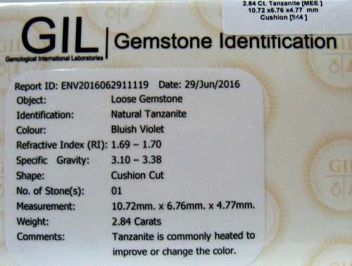 CERTIFIED 2.84CT CUSHION CUT NATURAL TANZANITE - A MASTERPIECE