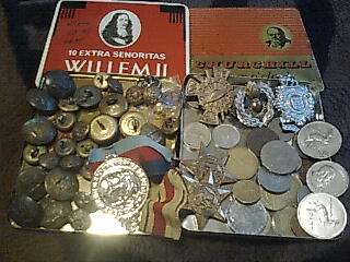 COINS, MEDALIONS, BADGES, MILITARY BUTTONS, OLD SIGAR TINS - 1bid takes all