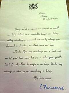 A Letter from Dr H.VERWOERDS's wife after the first assasination attempt on his life in 1960