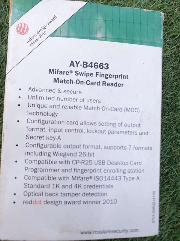 Rosslare AY-B3663  Mifare Swipe Fingerprint Match-On-Card-Reader (BID PER PIECE)