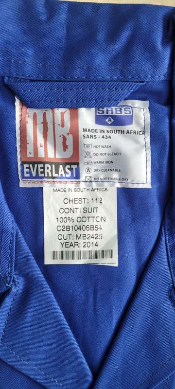 SABS Approved MB EVERLAST  2-Piece Work-Suit. Chest 112, Waist 102 (Bid Per Piece)