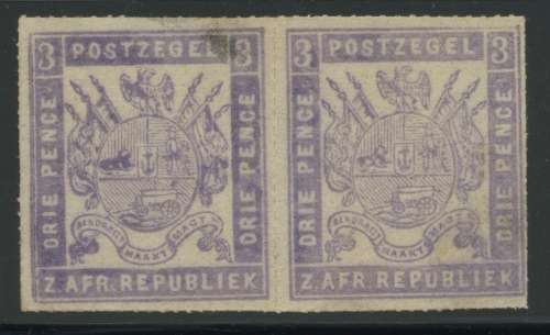 Transvaal. 3d Grey Lilac pair. NG. Scarce multiple