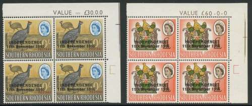 Rhodesia. 1966 10s & £1 corner blocks. Umm. Scarce