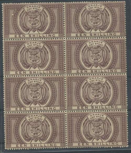 OFS. 1/- Postal Fiscal Umm block of 8. SACC F3. Cat:  R3200.00. Scarce