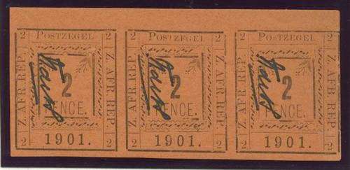 Transvaal. Pietersburg 2d Type I, Black Initials. Superb UMM Strip of 3 with VARIETIES. Rare