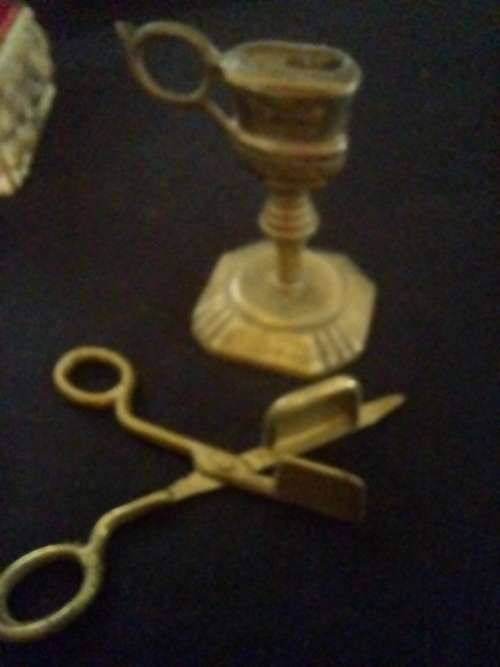 RARE BRASS CANDLE SNUFFER AND HOLDER