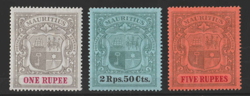 1902 Mauritius Arms Complete Set of 3. Mounted Mint.