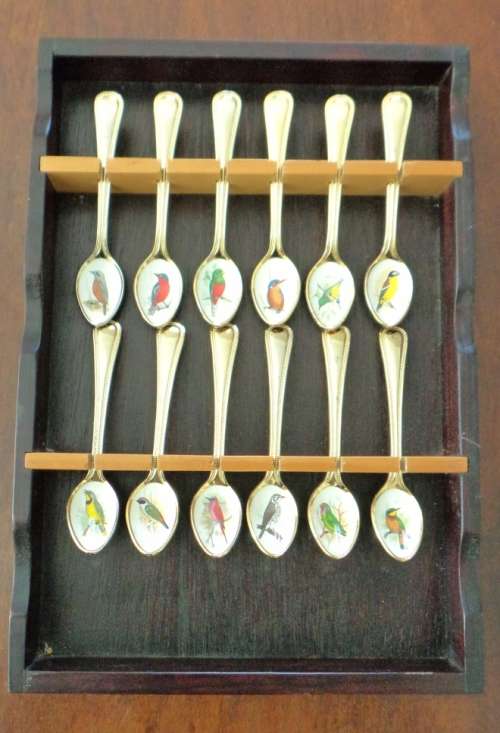 Collection: Twelve 24K Gold Plated Spoons With Birds Enameled Into The Bowl In DisplayCase