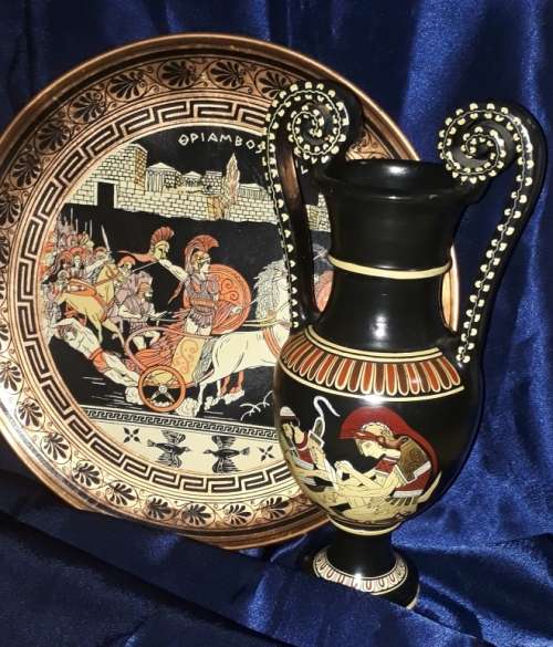 Vintage Greek Handmade Vase and Hand Painted Copper Wall Plate