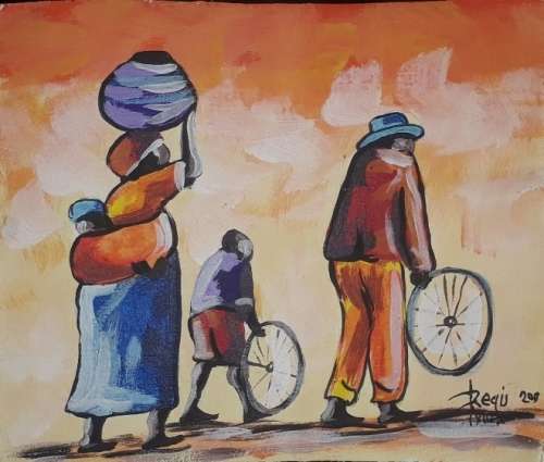 Walking home  signed acrylic painting by Zimbabwean artist Regis Manja