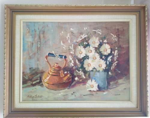 Still Life Painting  Copper Kettle and White Marguerites in Vase - SA Painter Pierre de Villiers