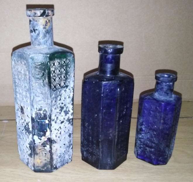 3 Vintage Flatback, Half-Hexagonal Hobnail Bottles, 1 x Green, 2 Cobalt Blue