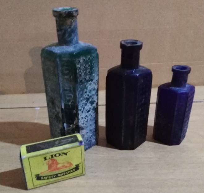 3 Vintage Flatback, Half-Hexagonal Hobnail Bottles, 1 x Green, 2 Cobalt Blue