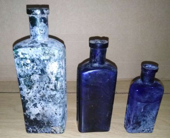 3 Vintage Flatback, Half-Hexagonal Hobnail Bottles, 1 x Green, 2 Cobalt Blue