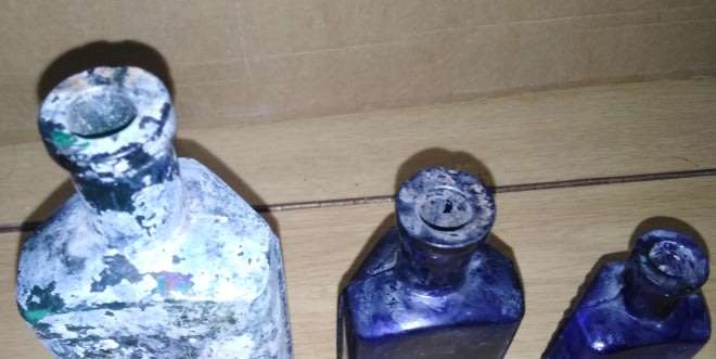 3 Vintage Flatback, Half-Hexagonal Hobnail Bottles, 1 x Green, 2 Cobalt Blue