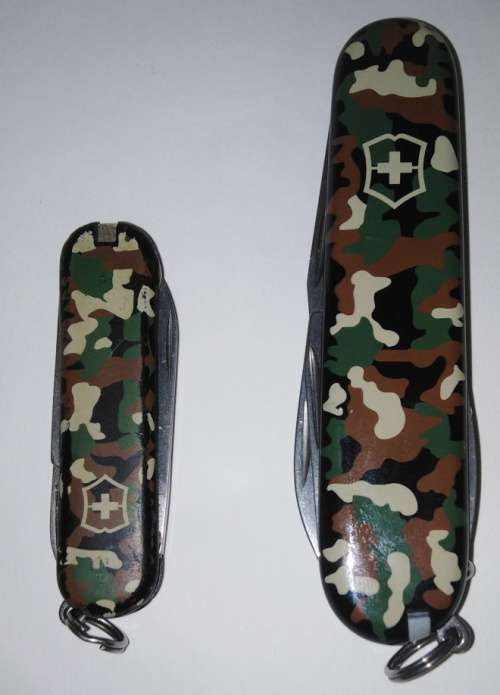 TWO CAMOUFLAGE VICTORINOX MULTI-TOOL KNIVES (SPARTAN AND CLASSIC MODELS)