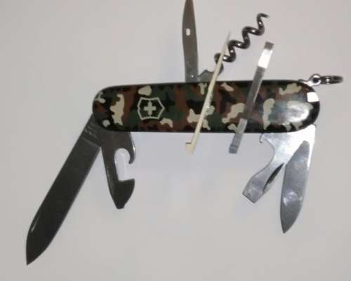 TWO CAMOUFLAGE VICTORINOX MULTI-TOOL KNIVES (SPARTAN AND CLASSIC MODELS)