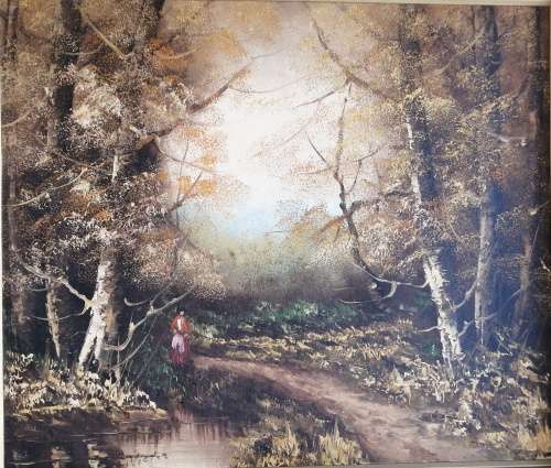Vintage Oil Forest Scape signed by Victor. (Check shipping fees in description before bidding)