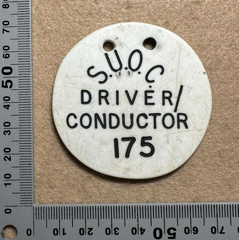 Rhodesian TRANSPORT - SOUTHERN UNITED OMNIBUS CO DRIVER/CONDUCTOR BADGE PLASTIC - NO 175