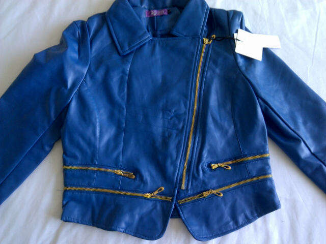 ***Stunning Ladies Short Cut Leather Look Jacket with Funky Design***Blue & Black***BRAND NEW***