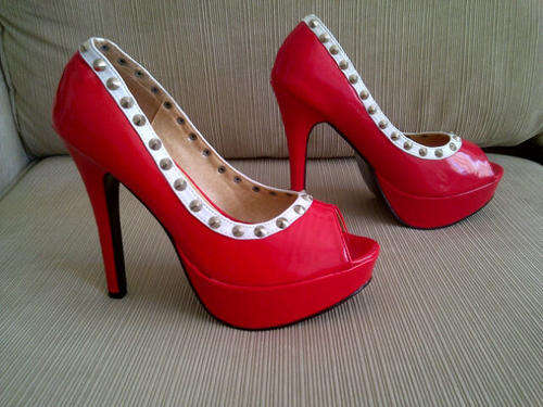 ***Stunning Ladies Leather look High Heels with Studded Trim***Red, White, Black ***BRAND NEW***