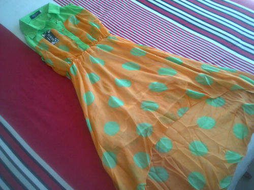 ***Beautiful Ladies Orange Polka Chiffon Style Long Sleeveless Collared Dress**XL ONLY**BRAND NEW**