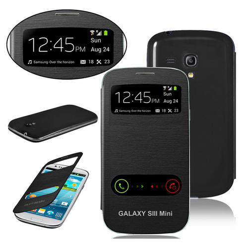 **Samsung Galaxy S3 MINI S VIEW Covers**Ultra Slim Flip Case***Double Window***Black ONLY***