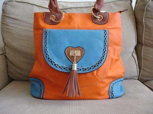 **Stunning Ladies Orange/Blue/Tan PU Leather Handbag With Beautiful Detail & Design**BRAND NEW**