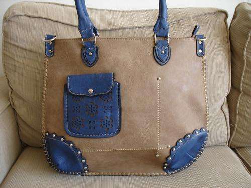**Stunning Ladies Brown/Tan/Blue PU Leather Handbag With Beautiful Detail & Design**BRAND NEW**