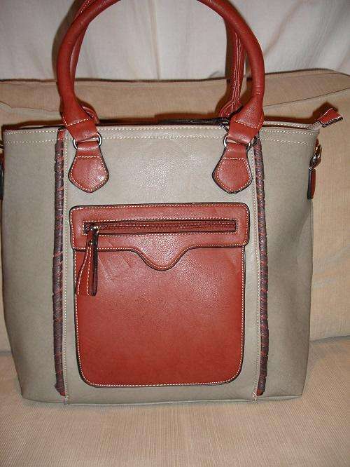 **Stunning Ladies Grey/Tan PU Leather Handbag With Beautiful Detail & Design**BRAND NEW**