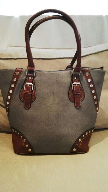 **Stunning Ladies Grey/Brown 3pc PU Leather Handbag Set**Beautiful Detail & Design**BRAND NEW**