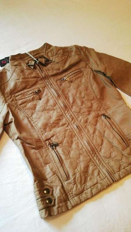 **Stunning Ladies Khaki/Beige Leather Look Jacket with Funky Design**L**BEAUTIFUL PIECE**BRAND NEW**