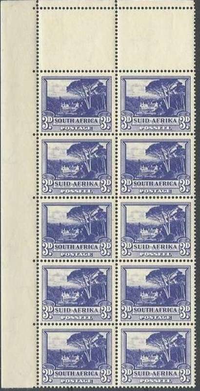 UNION HYPENENATED PICTORIAL1951 3D BLUE,TOP LEFT CORNER .BLOCK OF 10. ISSUE 7 MNH