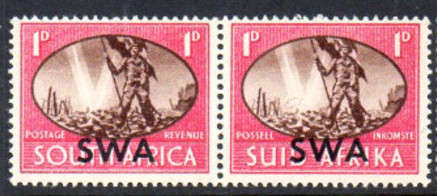 SOUTH WEST AFRICA 1945 KGVI VICTORY SG131V 1d PAIR WITH VARIETY-BARBED WIRE FLAW-ROW 9/6