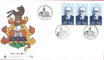 RSA 1974 PRIME MINISTER DF MALAN UNADDRESSED FDC #35 VARIETY 3 STAMPS