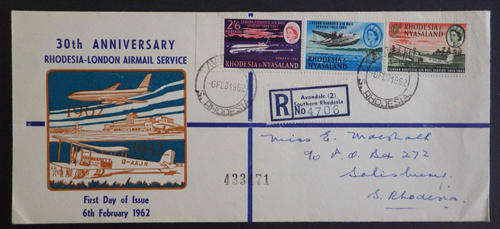 RHODESIA & NYASALAND 30TH ANNIVERSARY OF 1ST FLIGHT LONDON-RHODESIA AIRMAIL FDC 1962