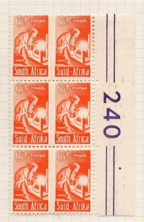 WAR EFFORT 1942-45 6d MH BLOCK OF 6 WITH VARIETY (GHOST SLOGANS)