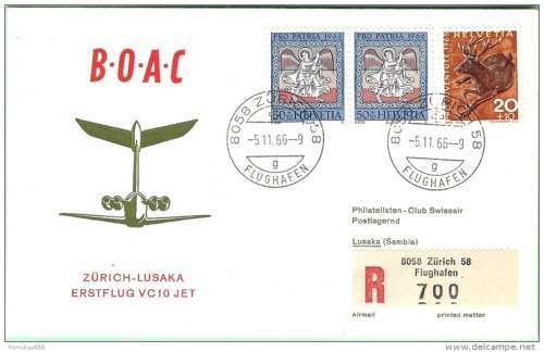 BOAC FIRST VC 10 JET FLIGHT REGISTERED ZURICH-LUSAKA 1966
